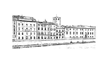Print Building view with landmark of Pisa is a city in Italy. Hand drawn sketch illustration in vector.