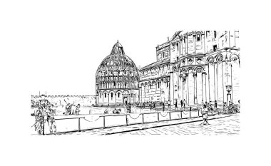 Print Building view with landmark of Pisa is a city in Italy. Hand drawn sketch illustration in vector.