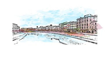 Print Building view with landmark of Pisa is a city in Italy. Watercolor splash with hand drawn sketch illustration in vector.