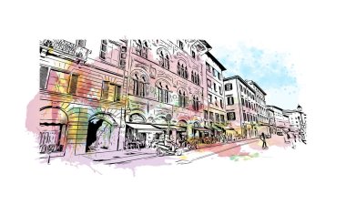 Print Building view with landmark of Pisa is a city in Italy. Watercolor splash with hand drawn sketch illustration in vector.
