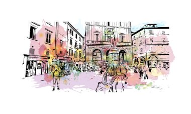 Print Building view with landmark of Pisa is a city in Italy. Watercolor splash with hand drawn sketch illustration in vector.