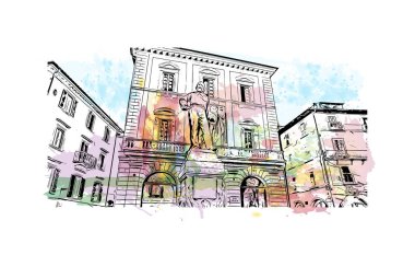 Print Building view with landmark of Pisa is a city in Italy. Watercolor splash with hand drawn sketch illustration in vector.