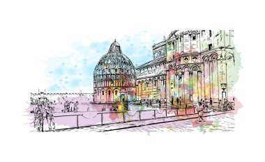 Print Building view with landmark of Pisa is a city in Italy. Watercolor splash with hand drawn sketch illustration in vector.
