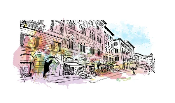 Print Building view with landmark of Pisa is a city in Italy. Watercolor splash with hand drawn sketch illustration in vector.