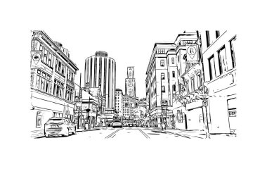 Print Building view with landmark of Pittsburgh is a city in western Pennsylvania. Hand drawn sketch illustration in vector.
