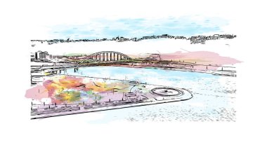 Print Building view with landmark of Pittsburgh is a city in western Pennsylvania. Watercolor splash with hand drawn sketch illustration in vector.