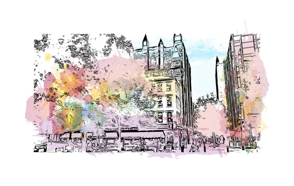 Print Building view with landmark of Pittsburgh is a city in western Pennsylvania. Watercolor splash with hand drawn sketch illustration in vector.