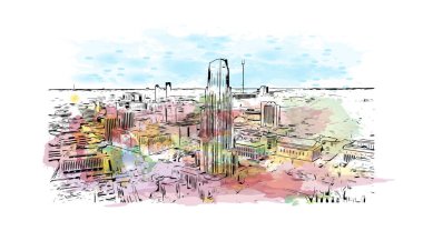 Print Building view with landmark of Pittsburgh is a city in western Pennsylvania. Watercolor splash with hand drawn sketch illustration in vector.