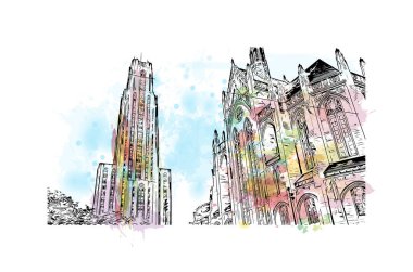 Print Building view with landmark of Pittsburgh is a city in western Pennsylvania. Watercolor splash with hand drawn sketch illustration in vector.