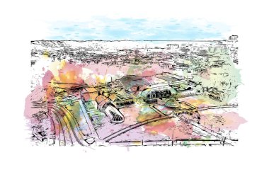 Print Building view with landmark of Pittsburgh is a city in western Pennsylvania. Watercolor splash with hand drawn sketch illustration in vector.