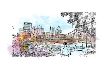 Print Building view with landmark of Pittsburgh is a city in western Pennsylvania. Watercolor splash with hand drawn sketch illustration in vector.