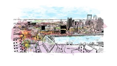 Print Building view with landmark of Pittsburgh is a city in western Pennsylvania. Watercolor splash with hand drawn sketch illustration in vector.