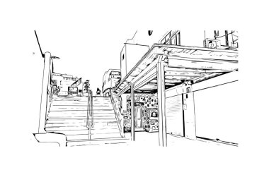 Print Building view with landmark of Playa Blanca is the town in Spain. Hand drawn sketch illustration in vector.