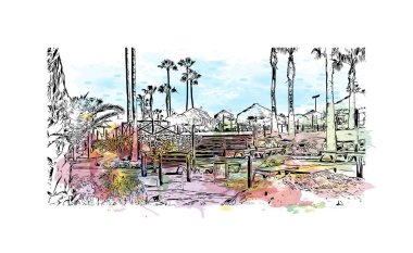 Print Building view with landmark of Playa Blanca is the town in Spain. Watercolor splash with hand drawn sketch illustration in vector.