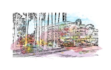 Playa de las Americas 'ın simgesi olan Print Building View, İspanya' nın en lüks tatil yeridir. El çizimiyle suluboya sıçraması 