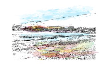 Playa de las Americas 'ın simgesi olan Print Building View, İspanya' nın en lüks tatil yeridir. El çizimiyle suluboya sıçraması 