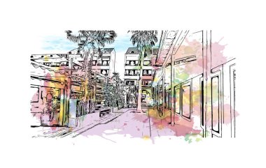 Playa de las Americas 'ın simgesi olan Print Building View, İspanya' nın en lüks tatil yeridir. El çizimiyle suluboya sıçraması 