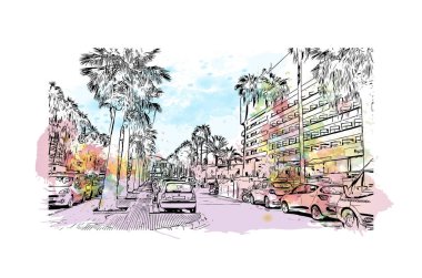 Playa de las Americas 'ın simgesi olan Print Building View, İspanya' nın en lüks tatil yeridir. El çizimiyle suluboya sıçraması 