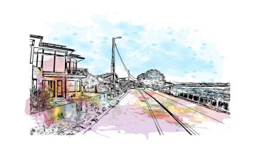 Print Building view with landmark of Pleasure Point, Kaliforniya 'da belirlenen nüfus sayımı yeridir. Vektörde elle çizilmiş resim ile suluboya sıçraması.