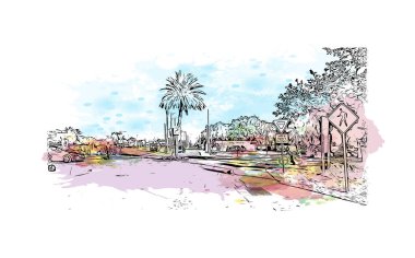 Print Building view with landmark of Pompano is the city in Florida. Vektörde elle çizilmiş resim ile suluboya sıçraması.