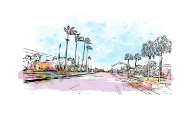 Print Building view with landmark of Pompano is the city in Florida. Vektörde elle çizilmiş resim ile suluboya sıçraması.