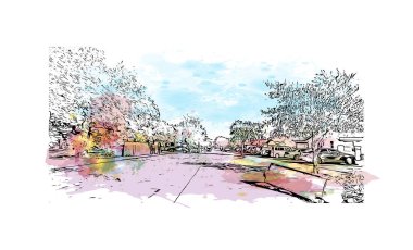 Print Building view with landmark of Pompano is the city in Florida. Vektörde elle çizilmiş resim ile suluboya sıçraması.