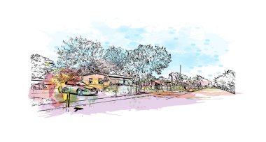 Print Building view with landmark of Pompano is the city in Florida. Vektörde elle çizilmiş resim ile suluboya sıçraması.