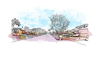 Print Building view with landmark of Pompano is the city in Florida. Vektörde elle çizilmiş resim ile suluboya sıçraması.