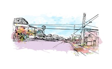 Print Building view with landmark of Pompano is the city in Florida. Vektörde elle çizilmiş resim ile suluboya sıçraması.