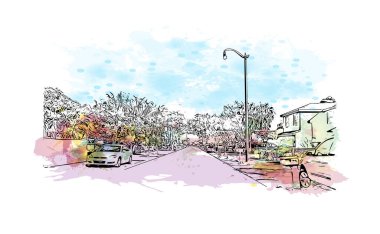 Print Building view with landmark of Pompano is the city in Florida. Vektörde elle çizilmiş resim ile suluboya sıçraması.