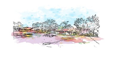 Print Building view with landmark of Pompano is the city in Florida. Vektörde elle çizilmiş resim ile suluboya sıçraması.