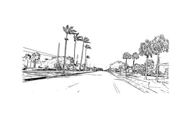 Print Building view with landmark of Pompano is the city in Florida. Vektörde elle çizilmiş çizim çizimi.