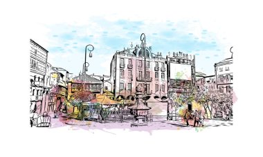 Pontevedra 'nın dönüm noktası olan Print Building Manzarası Jacksonville' deki plajdır. Vektör içinde el çizimi çizimi resimli suluboya sıçrama.