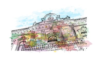 Pontevedra 'nın dönüm noktası olan Print Building Manzarası Jacksonville' deki plajdır. Vektörde elle çizilmiş resim ile suluboya sıçraması.