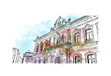 Pontevedra 'nın dönüm noktası olan Print Building Manzarası Jacksonville' deki plajdır. Vektörde elle çizilmiş resim ile suluboya sıçraması.