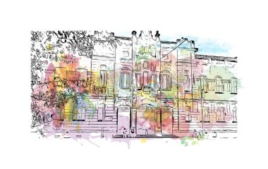 Pontevedra 'nın dönüm noktası olan Print Building Manzarası Jacksonville' deki plajdır. Vektörde elle çizilmiş resim ile suluboya sıçraması.