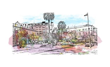 Pontevedra 'nın dönüm noktası olan Print Building Manzarası Jacksonville' deki plajdır. Vektörde elle çizilmiş resim ile suluboya sıçraması.