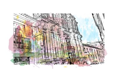 Pontevedra 'nın dönüm noktası olan Print Building Manzarası Jacksonville' deki plajdır. Vektörde elle çizilmiş resim ile suluboya sıçraması.