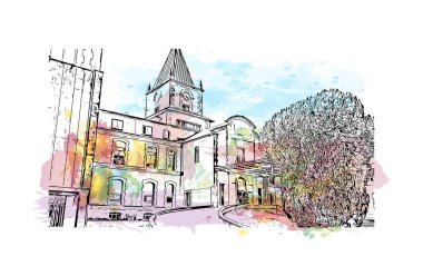 Pontevedra 'nın dönüm noktası olan Print Building Manzarası Jacksonville' deki plajdır. Vektörde elle çizilmiş resim ile suluboya sıçraması.