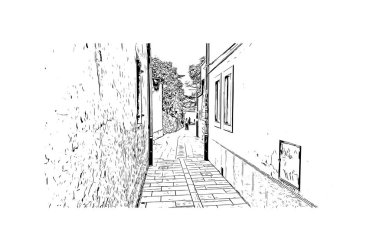 Print Building View, Hırvatistan 'ın Porec kentinde yer alıyor. Vektörde elle çizilmiş çizim çizimi.