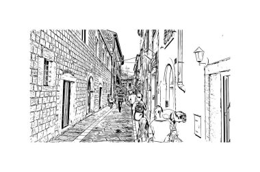 Print Building View, Hırvatistan 'ın Porec kentinde yer alıyor. Vektörde elle çizilmiş resim ile suluboya sıçraması.