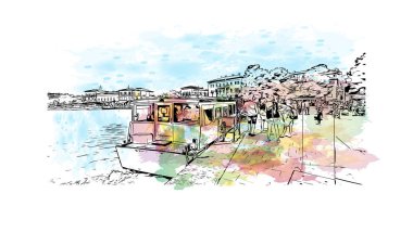 Print Building View, Hırvatistan 'ın Porec kentinde yer alıyor. Vektörde elle çizilmiş resim ile suluboya sıçraması.