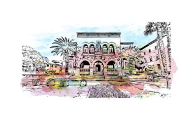 Print Building View, Hırvatistan 'ın Porec kentinde yer alıyor. Vektörde elle çizilmiş resim ile suluboya sıçraması.