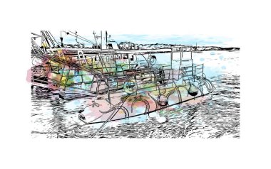 Print Building View, Hırvatistan 'ın Porec kentinde yer alıyor. Vektörde elle çizilmiş resim ile suluboya sıçraması.