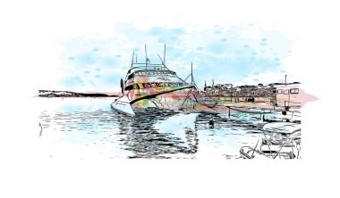 Print Building View, Hırvatistan 'ın Porec kentinde yer alıyor. Vektörde elle çizilmiş resim ile suluboya sıçraması.