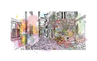 Print Building View, Hırvatistan 'ın Porec kentinde yer alıyor. Vektörde elle çizilmiş resim ile suluboya sıçraması.