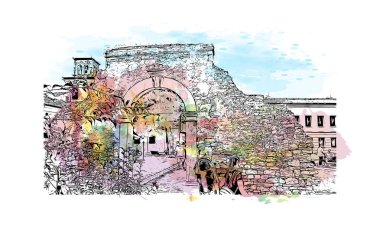 Print Building View, Hırvatistan 'ın Porec kentinde yer alıyor. Vektörde elle çizilmiş resim ile suluboya sıçraması.