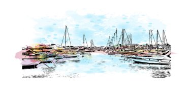 Print Building View, Hırvatistan 'ın Porec kentinde yer alıyor. Vektörde elle çizilmiş resim ile suluboya sıçraması.