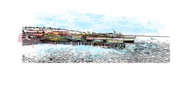 Print Building view with landmark of Port Angeles is the city in Washington State. Watercolor splash with hand drawn sketch illustration in vector.