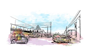Print Building view with landmark of Port Angeles is the city in Washington State. Watercolor splash with hand drawn sketch illustration in vector.